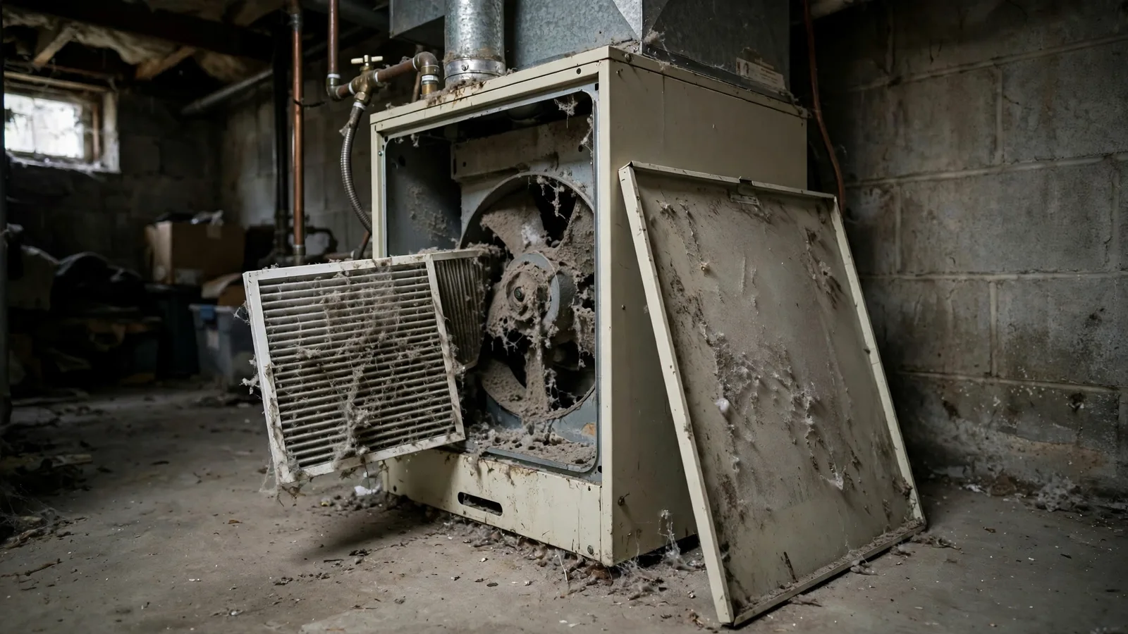 Furnace blower compartment with a clogged, dusty air filter