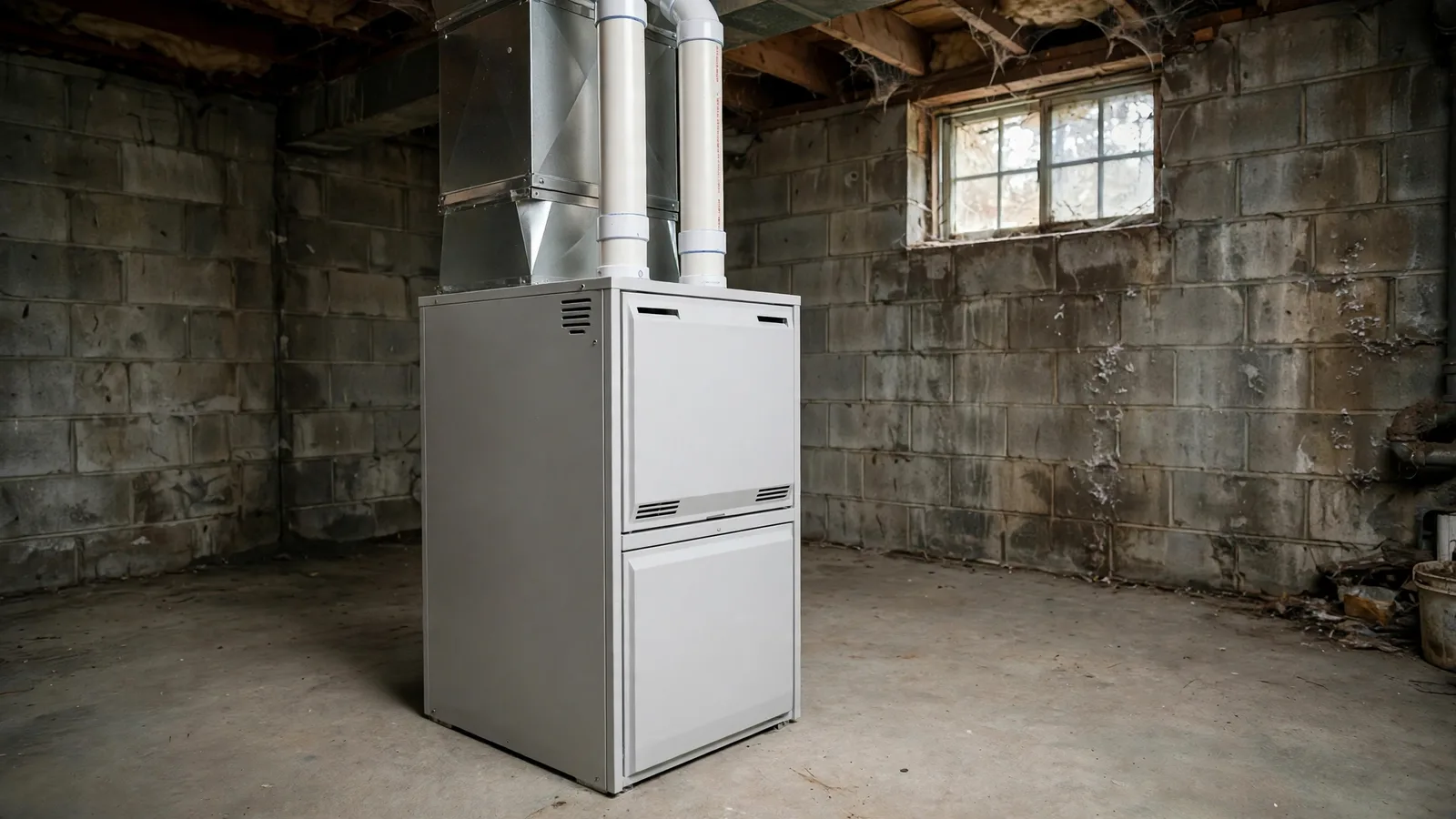 Same basement with a new high-efficiency furnace and white PVC vent pipes