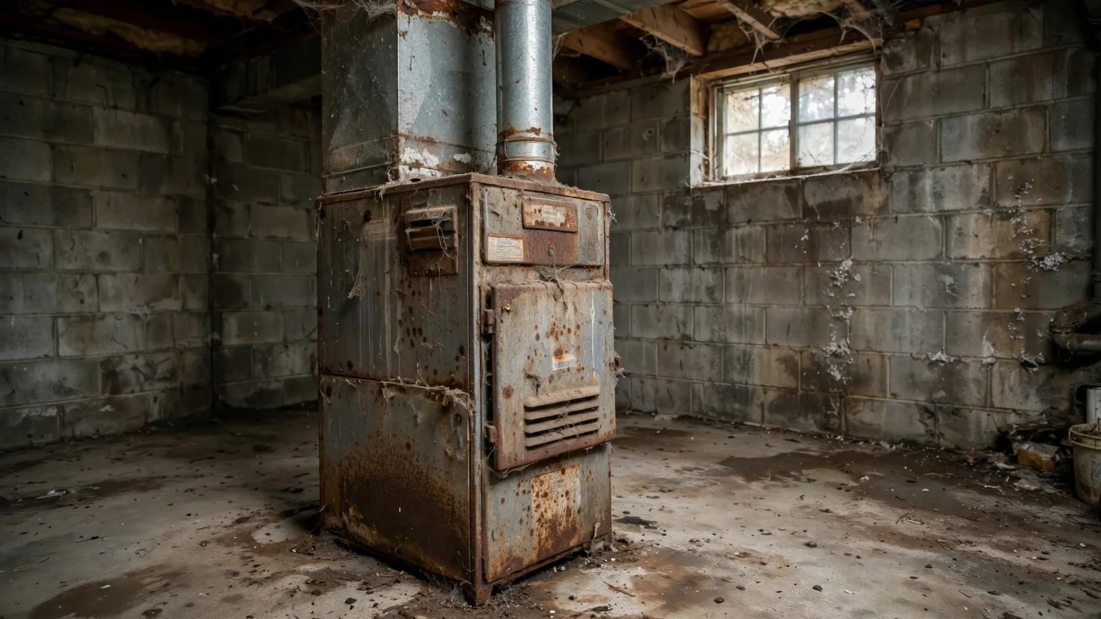 Old rusty gas furnace with a metal flue pipe in an unfinished basement