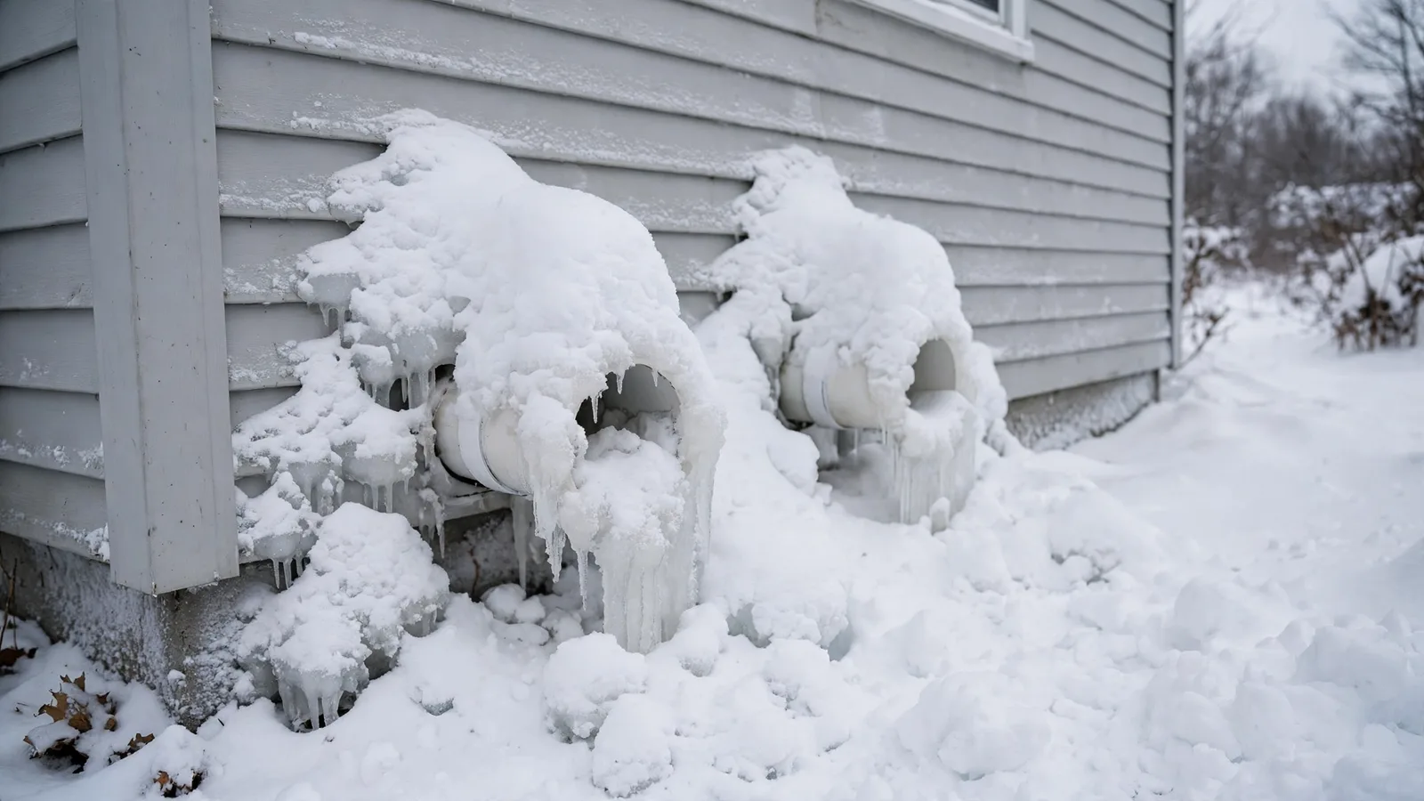 Furnace PVC intake and exhaust vents buried in snow and ice on a house wall