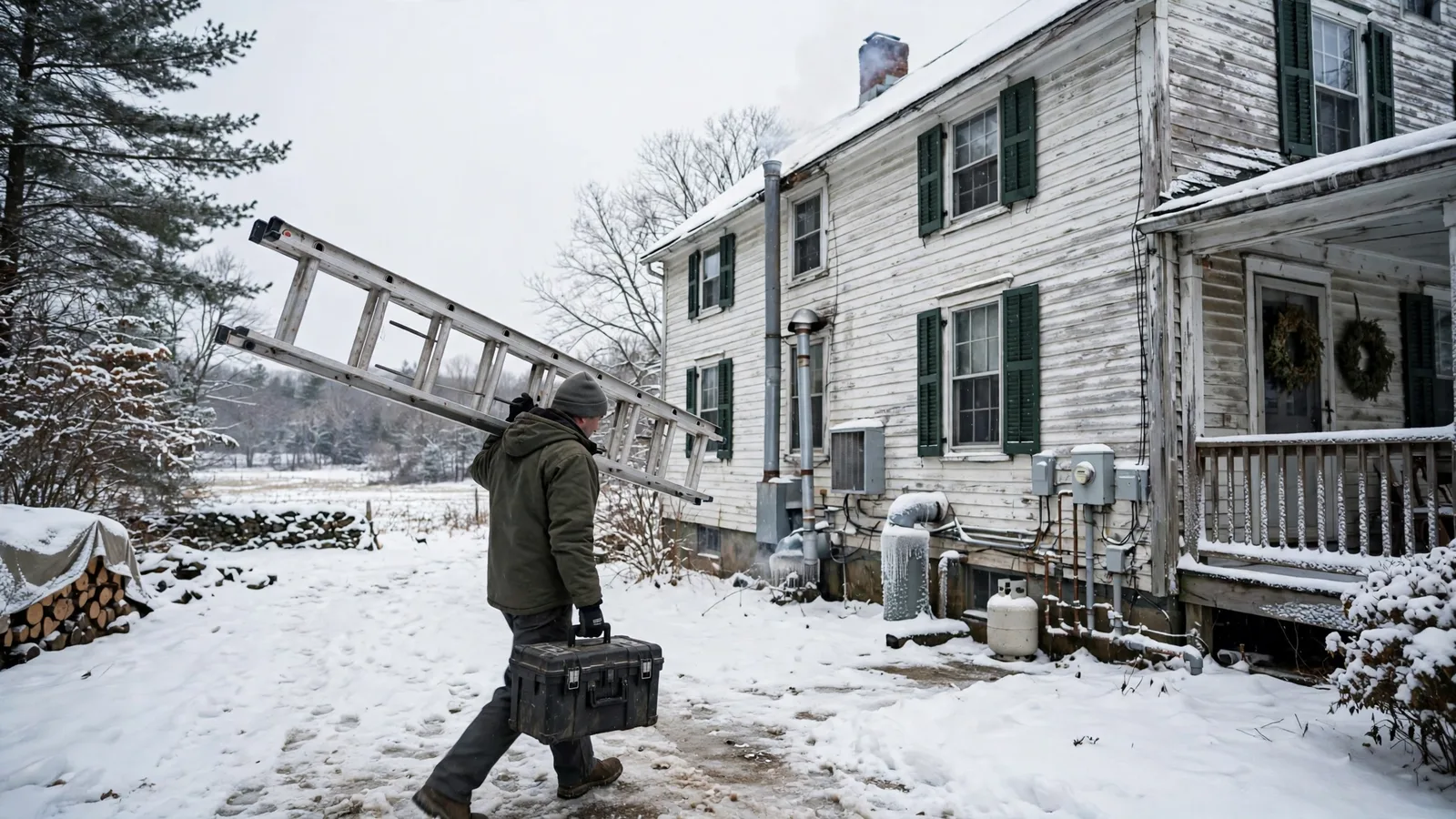 Technician carrying a ladder and toolbox to a rural farmhouse in snow