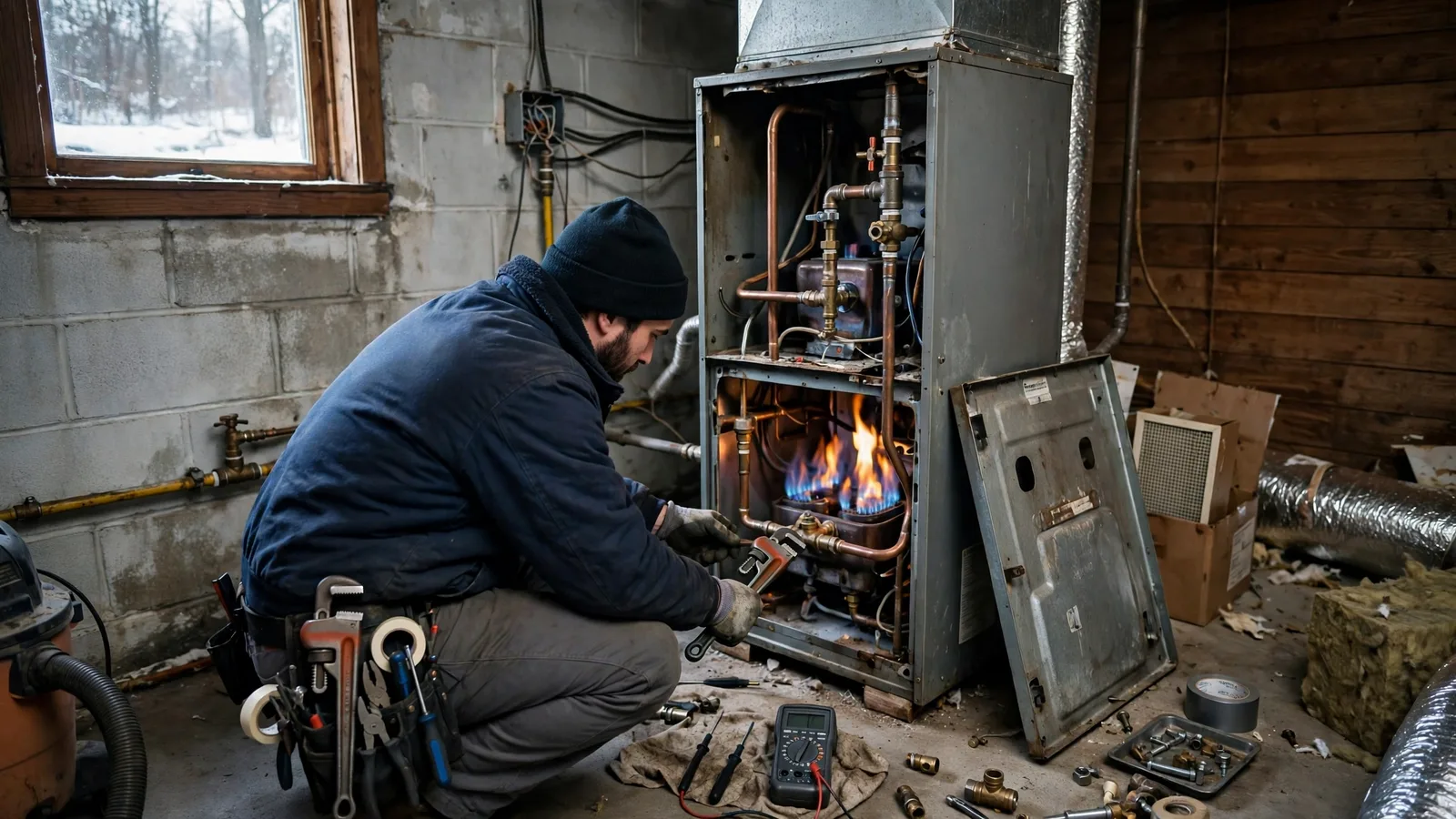 Technician repairing a gas furnace in a ranch home basement
