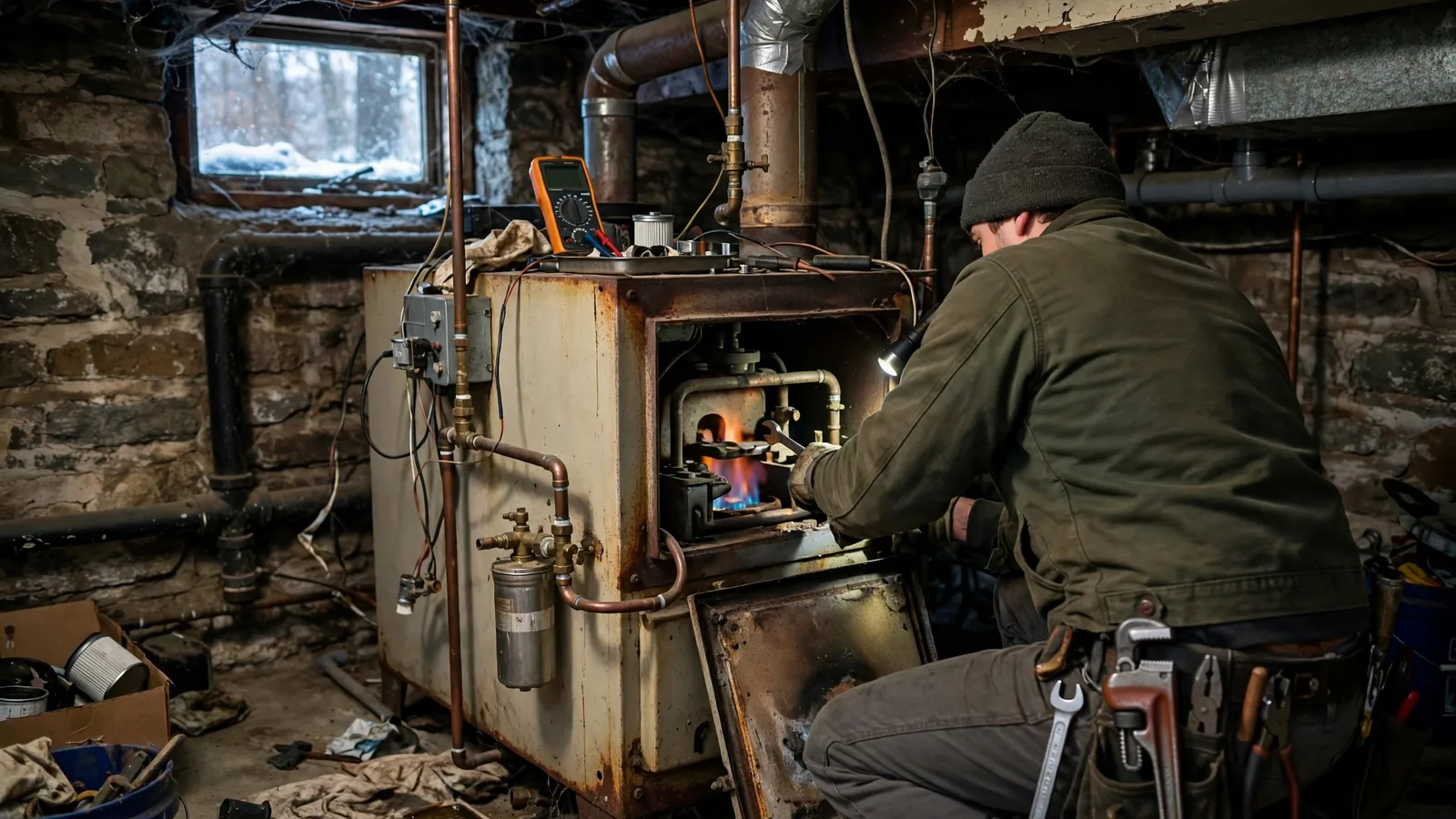 Technician servicing an oil-fired furnace in an older basement