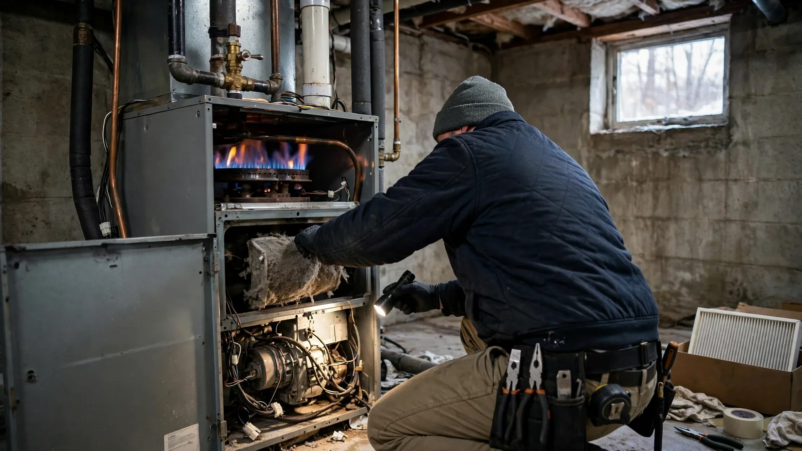 Technician replacing a furnace air filter and inspecting the blower compartment