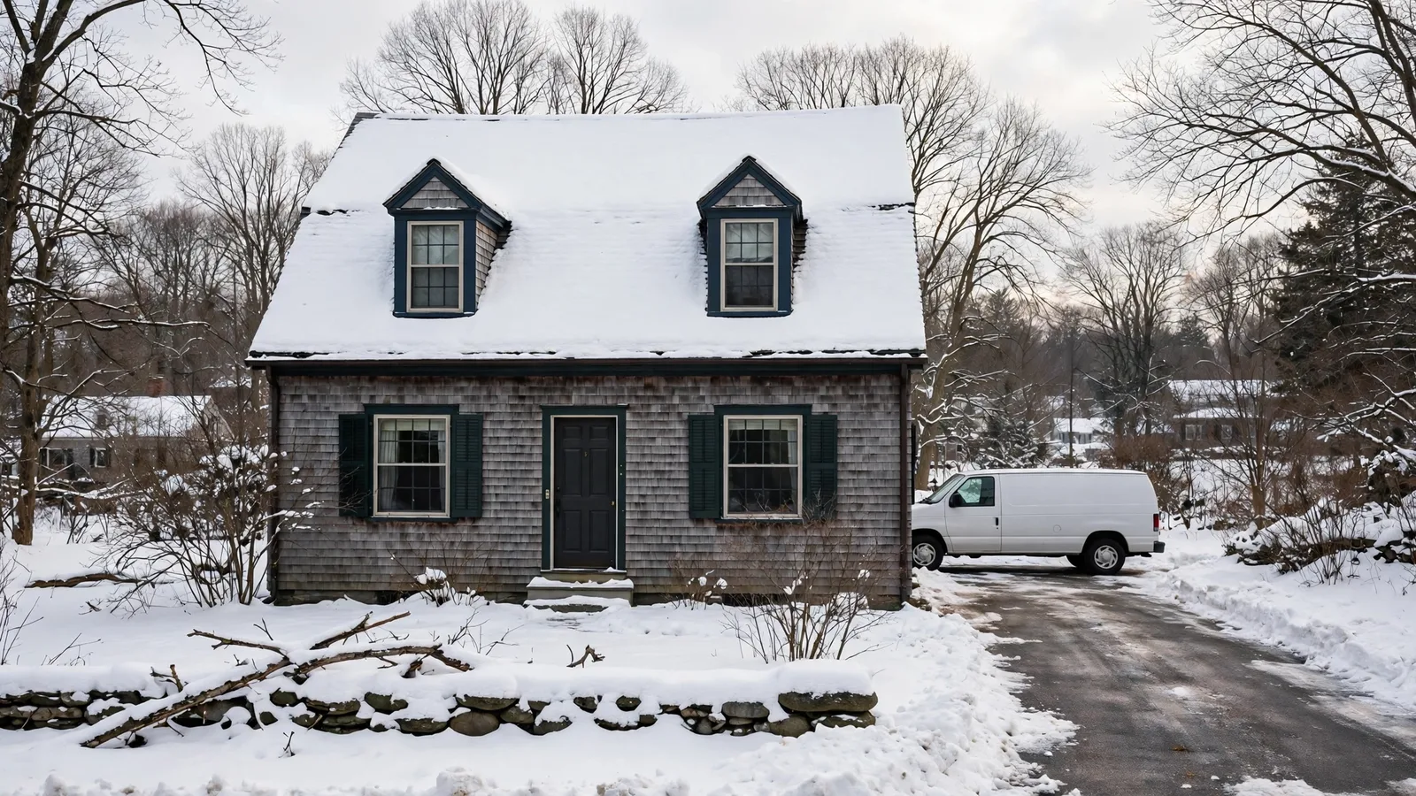Cape-style house in snow with a technician's van in the driveway