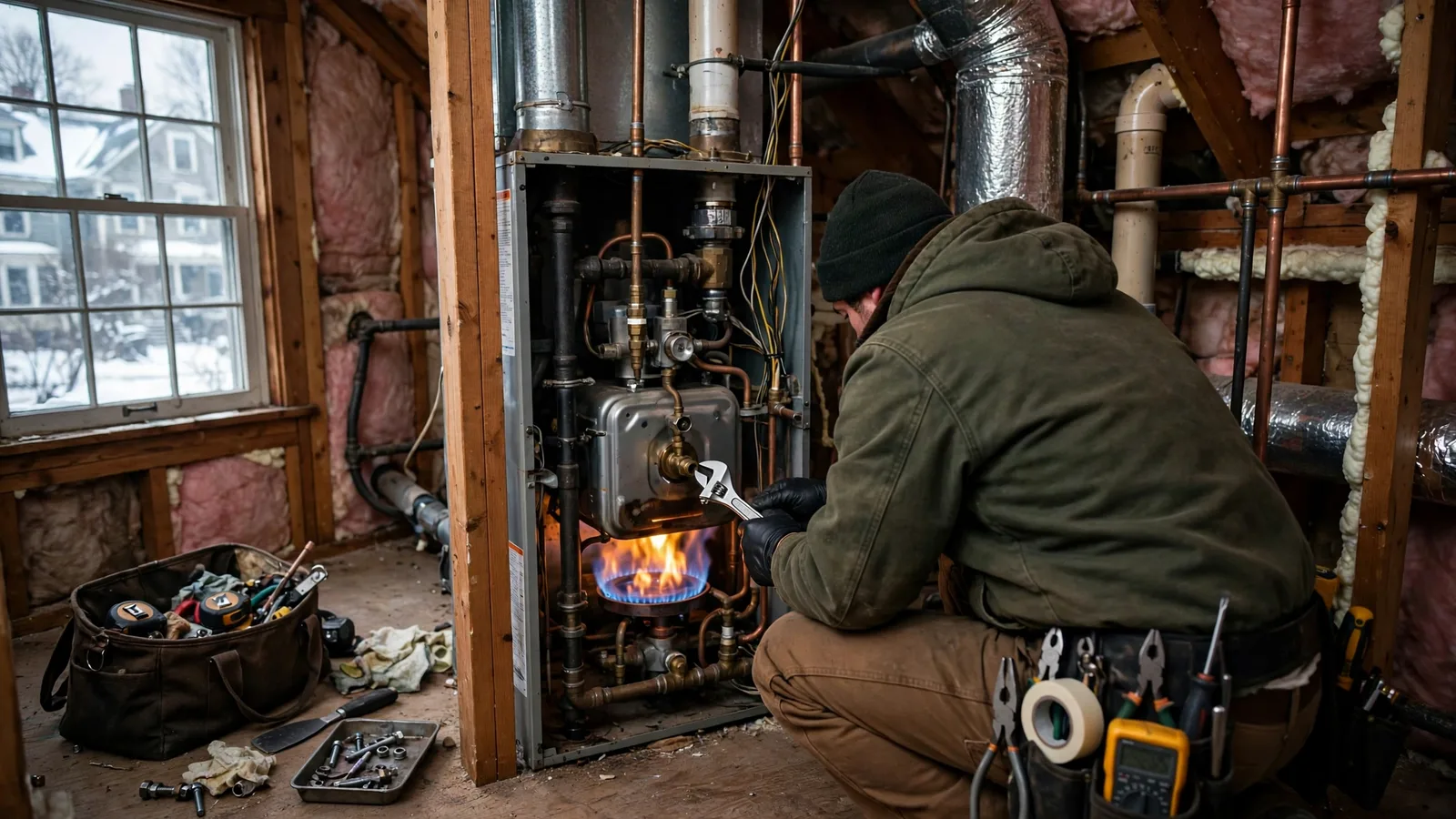 Technician working on a furnace in a townhouse utility space