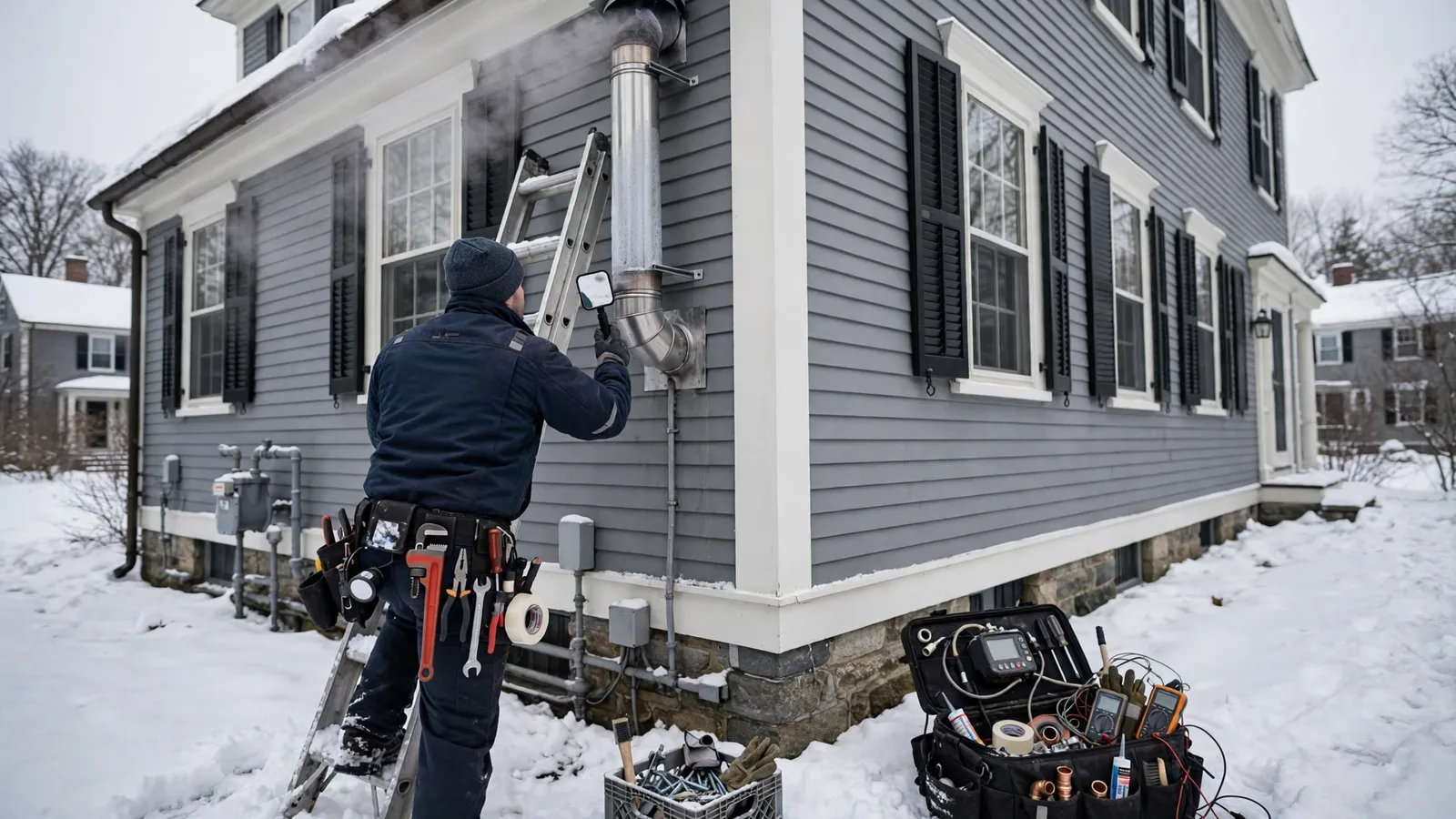 Technician checking a furnace vent pipe on the side of a colonial home in snow