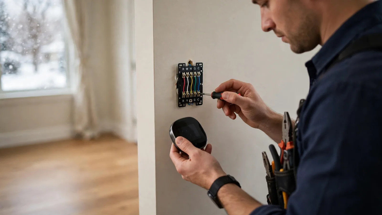 Technician checking thermostat wiring on a hallway wall